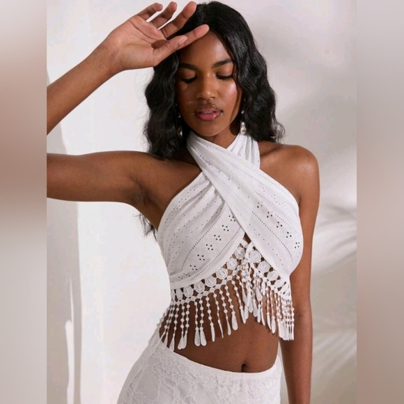 Holiday Patchwork Cross Tie Water-Soluble Lace Tassel Hem Crop Tank Top - Picture 1 of 4